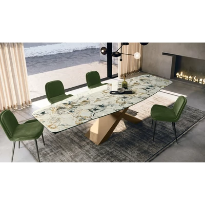 Gold étkezőasztal (036 Etoile Simphony kerámia asztallap, bronz váz, 220x110 cm-es bővíthető változat) és Mia szék