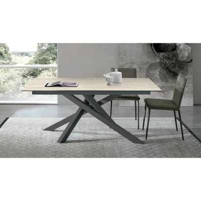 Origami étkezőasztal (073 Travertino Chiaro kerámia asztallap, antracit váz, 180x100 cm-es fix változat) és Elena szék