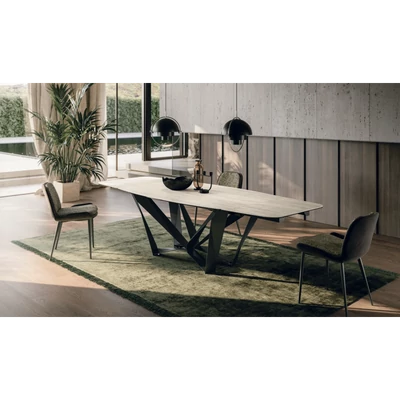 Papillon étkezőasztal (073 Travertino Chiaro kerámia asztallap, titánszürke váz, 220x120 cm-es bővíthető változat) és Mia szék