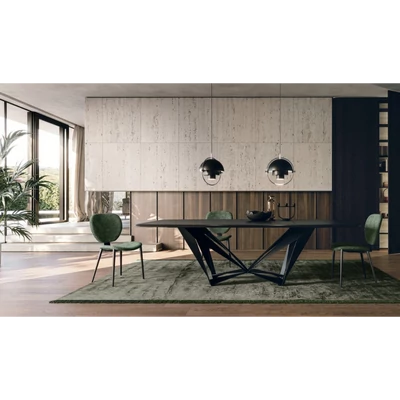 Papillon étkezőasztal (szénfekete kőrisfa asztallap; füstfekete váz; 260x120 cm-es fix változat) és Petra szék