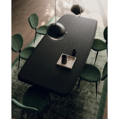 Papillon étkezőasztal (szénfekete kőrisfa asztallap; füstfekete váz; 260x120 cm-es fix változat) és Petra szék