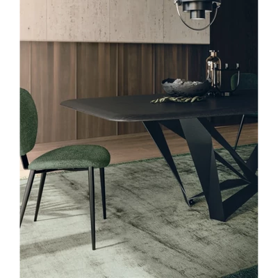 Papillon étkezőasztal (szénfekete kőrisfa asztallap; füstfekete váz; 260x120 cm-es fix változat) és Petra szék