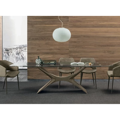 Sail étkezőasztal (átlátszó üveg asztallap; bronz váz; Vintage 102 ökobőr díszítés (B kategória); 260x120 cm-es fix változat) és Arisa karosszék