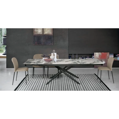 Tiffany étkezőasztal (Cod. 06 nyomtatott üveg asztallap; antracit váz; 180x100 cm-es bővíthető változat) és Abba szék