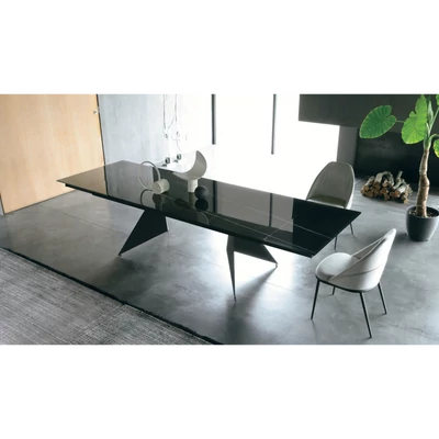 Vela étkezőasztal (Cod. 15 nyomtatott üveg asztallap, antracit váz, 220x100 cm-es bővíthető változat) és Renoir szék