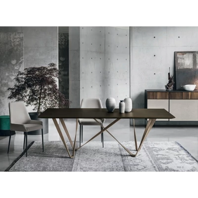 Wave étkezőasztal (mocha tölgy strukturált matt asztallap; ferde szélű; bronz váz; 220x100 cm-es fix változat) és Havana szék