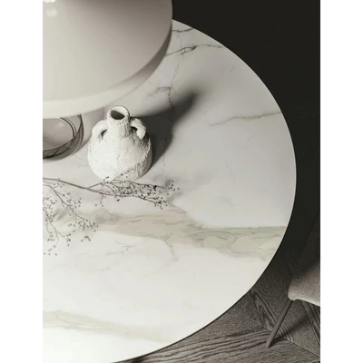 Oliver étkezőasztal (038 Calacatta Oro matt kerámia asztallap; mocsárszürke váz; 140 cm-es átmérőjű bővíthető változat)