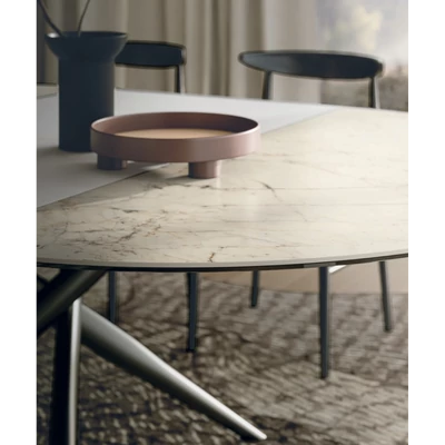 Tiffany Round étkezőasztal (074 Fusion White matt kerámia asztallap; füstfekete váz; 140 cm-es átmérőjű bővíthető változat)