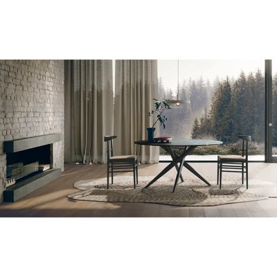 Tiffany Round étkezőasztal (039 Calacatta Black matt kerámia asztallap; füstfekete váz; 140 cm-es átmérőjű fix változat) és Louis szék