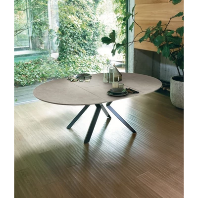 Zoe Round étkezőasztal (világos mész strukturált matt asztallap; antracit váz; 140 cm-es átmérőjű bővíthető változat)