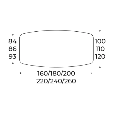 Vela étkezőasztal – íves változat méretei
